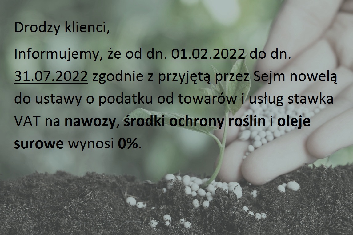 0% VAT na nawozy, środki ochrony roślin i oleje